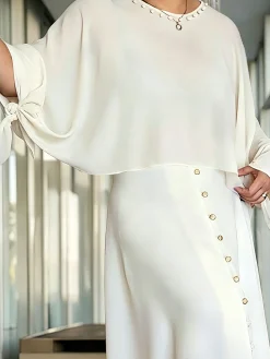 Elegant Plain Bow Faux Pearl Crew Neck Blouse
