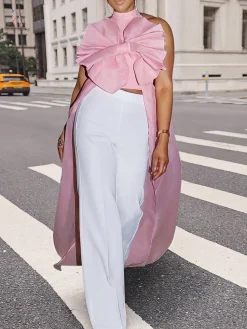 Elegant Plain Bow Halter Neck Blouse
