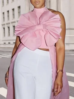 Elegant Plain Bow Halter Neck Blouse