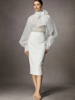 Elegant Plain Bow Long Sleeve Blouse