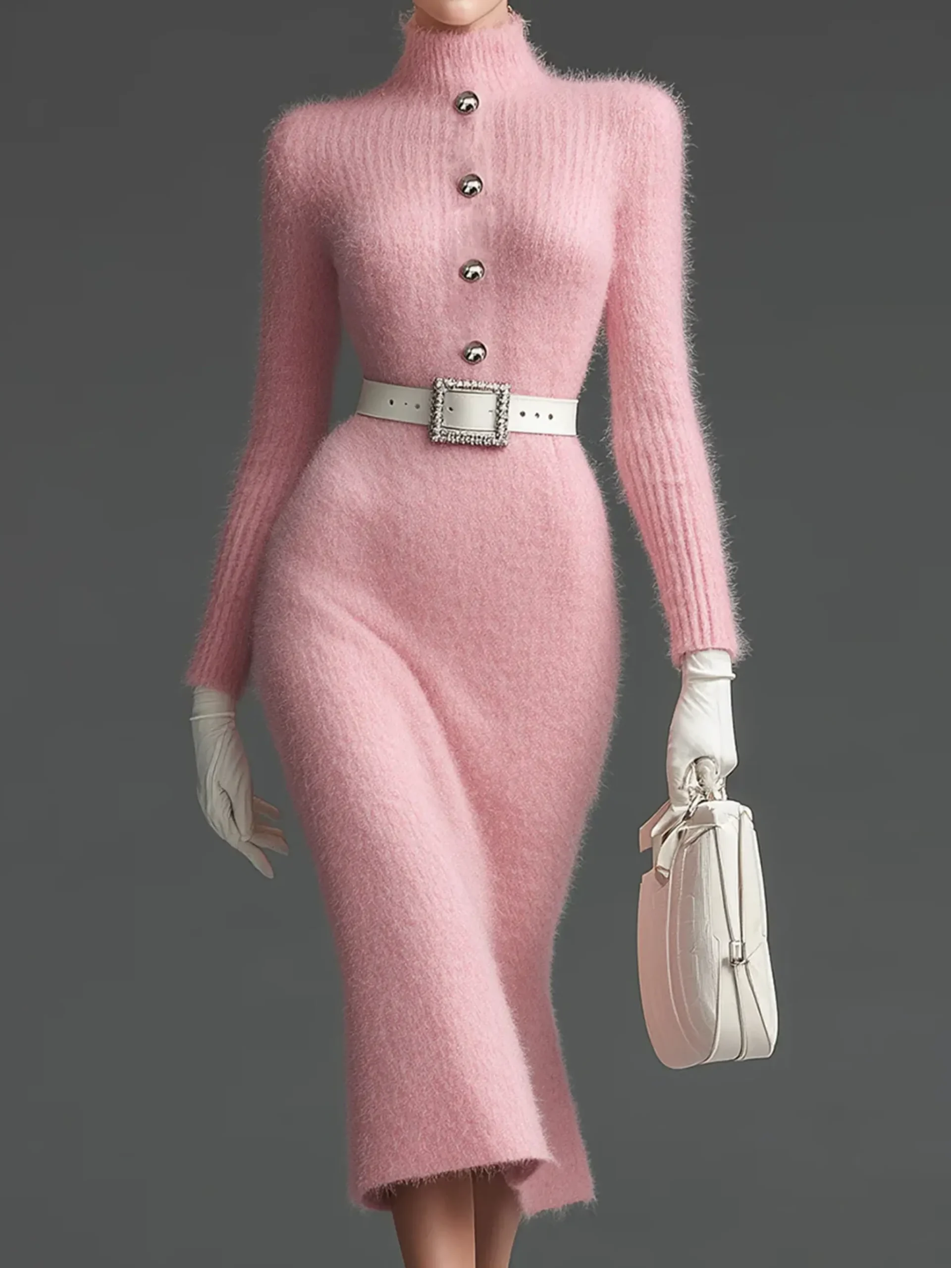 Elegant Plain Buttoned Turtleneck Sweater Knee Length Dress No Belt