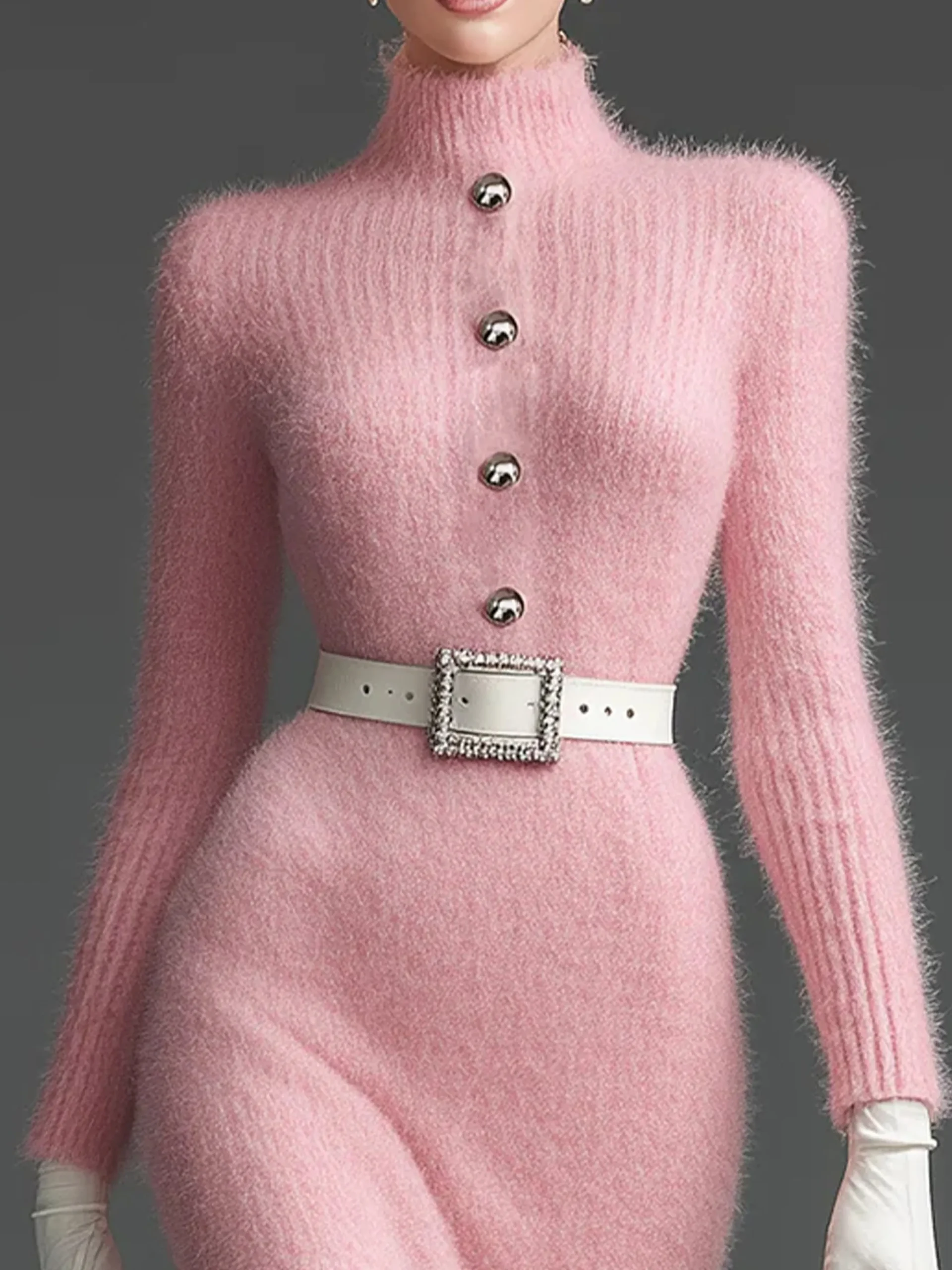 Elegant Plain Buttoned Turtleneck Sweater Knee Length Dress No Belt