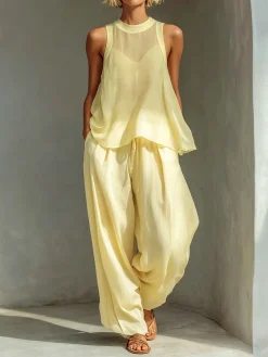 Elegant Plain Buttoned Wide Leg Pants