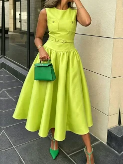 Elegant Plain Crew Neck Maxi Dress With Belt