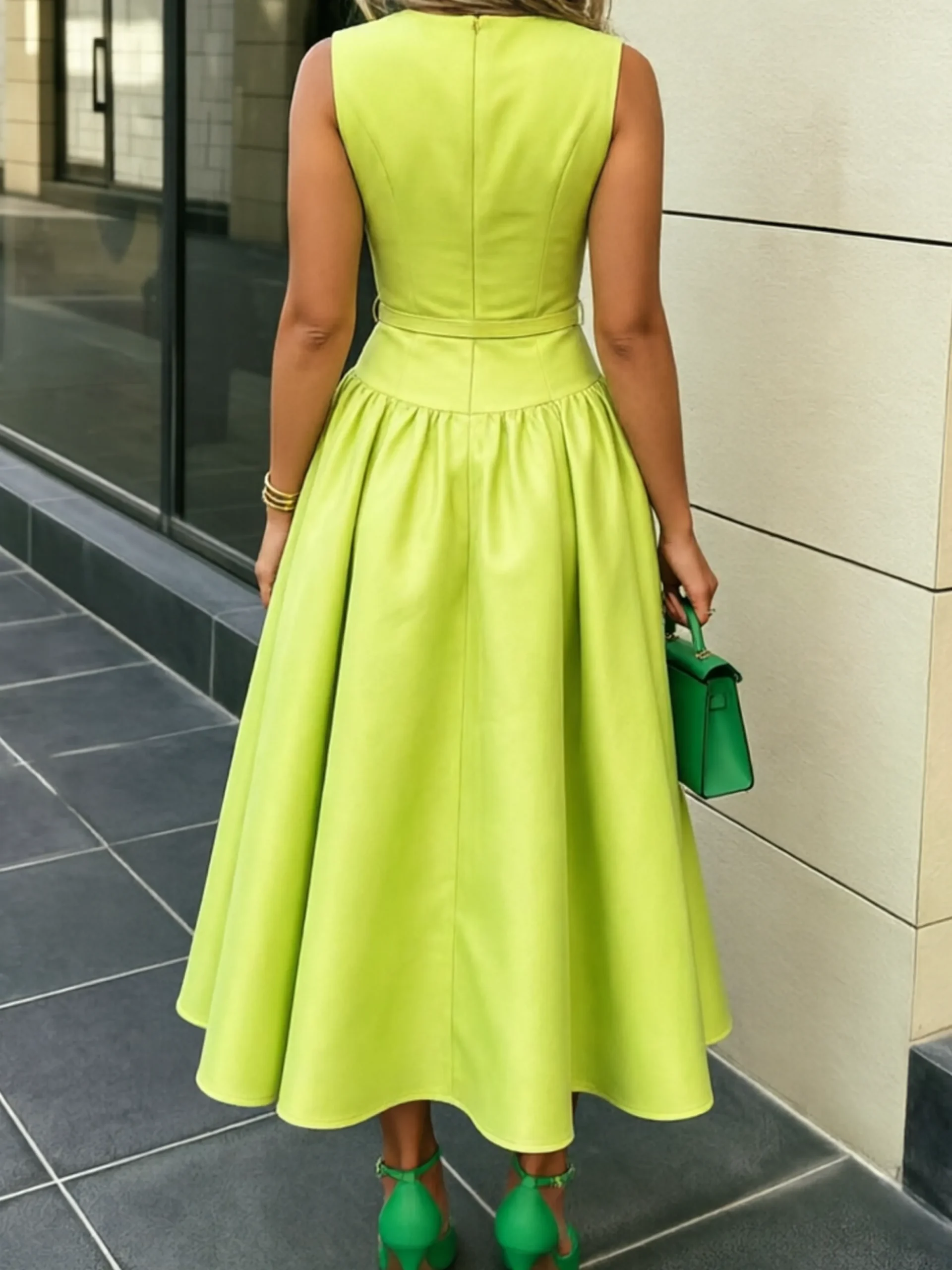 Elegant Plain Crew Neck Maxi Dress With Belt