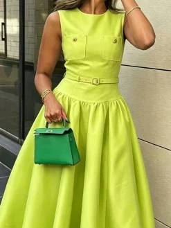 Elegant Plain Crew Neck Maxi Dress With Belt
