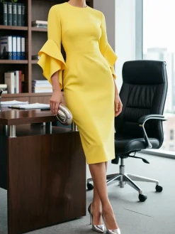 Elegant Plain Crew Neck Midi Dress