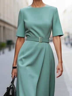 Elegant Plain Crew Neck Midi Dress With Belt