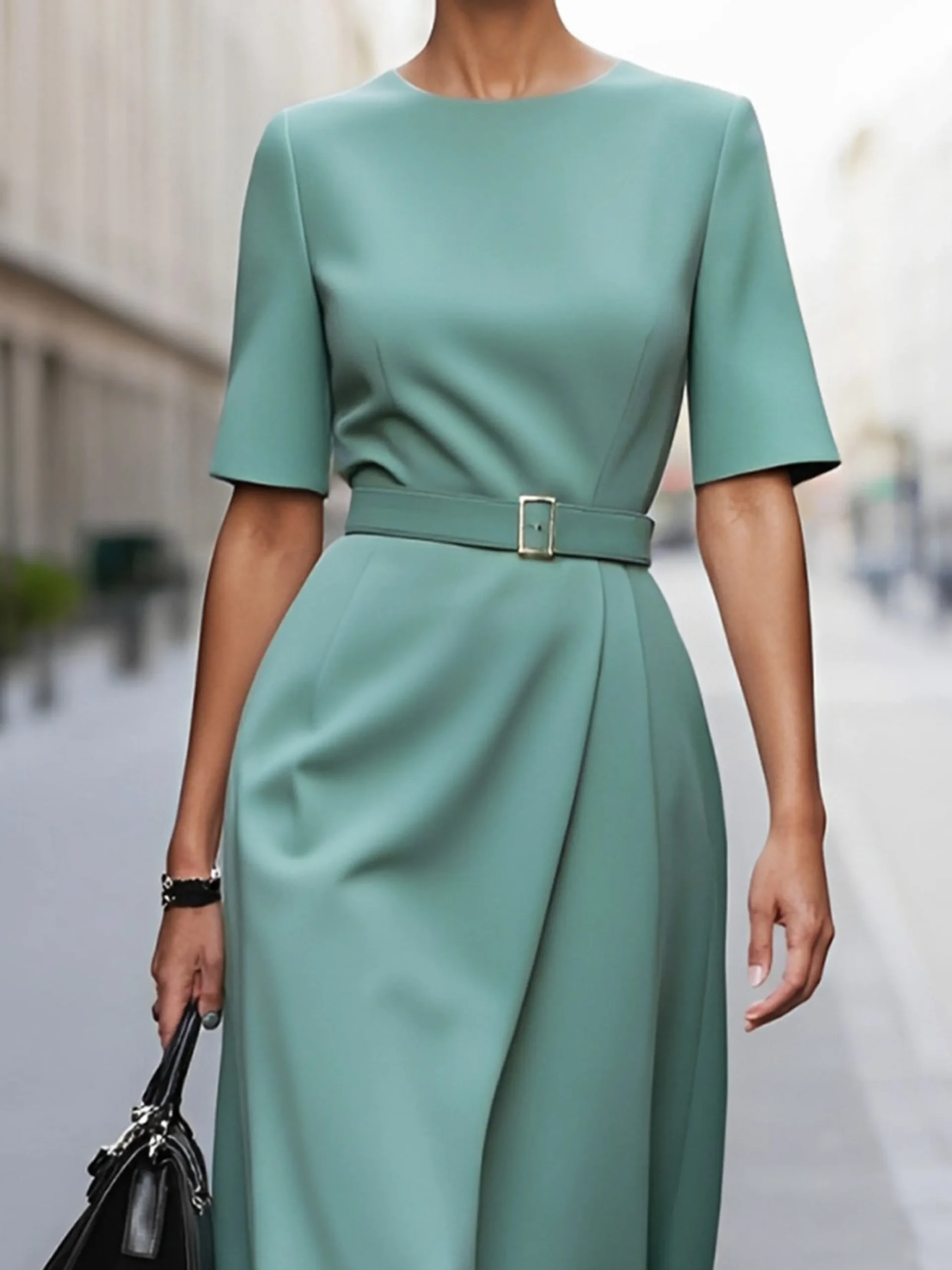 Elegant Plain Crew Neck Midi Dress With Belt