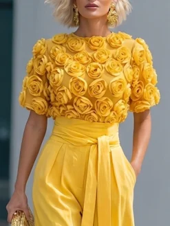 Elegant Plain 3D Floral Blouse