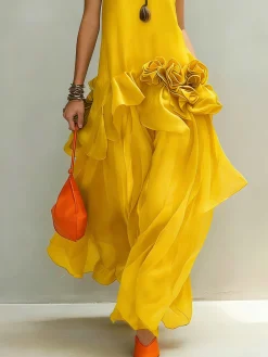 Elegant Plain 3D Floral Crew Neck Maxi Dress