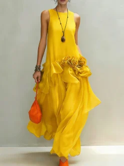 Elegant Plain 3D Floral Crew Neck Maxi Dress