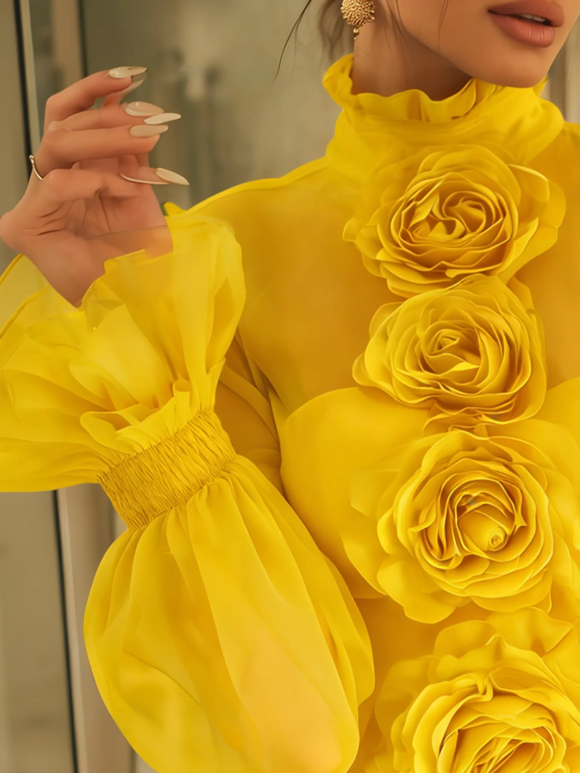 Elegant Plain 3D Floral Lotus Leaf Collar Ruffle Sleeve Blouse