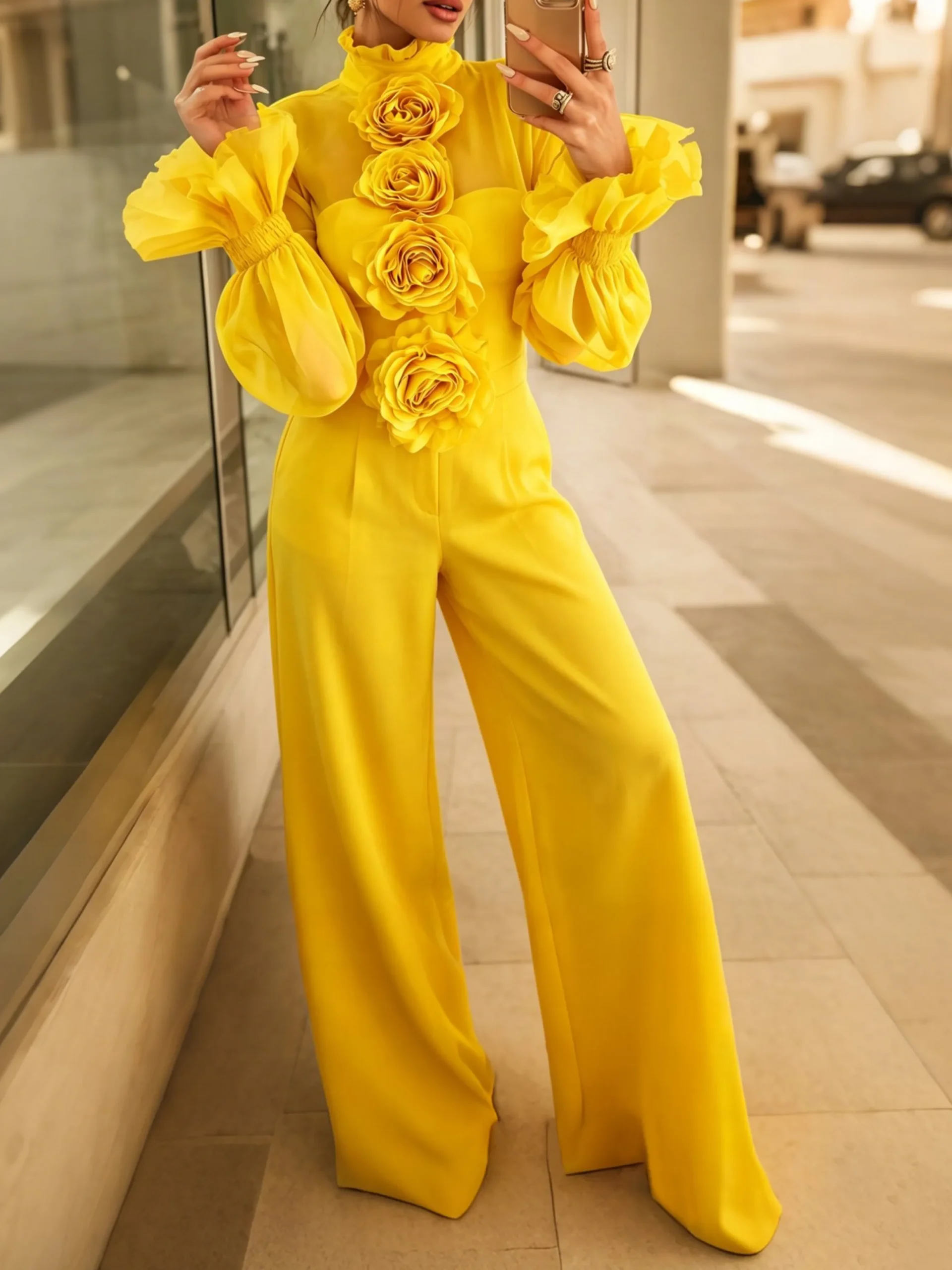 Elegant Plain 3D Floral Lotus Leaf Collar Ruffle Sleeve Blouse