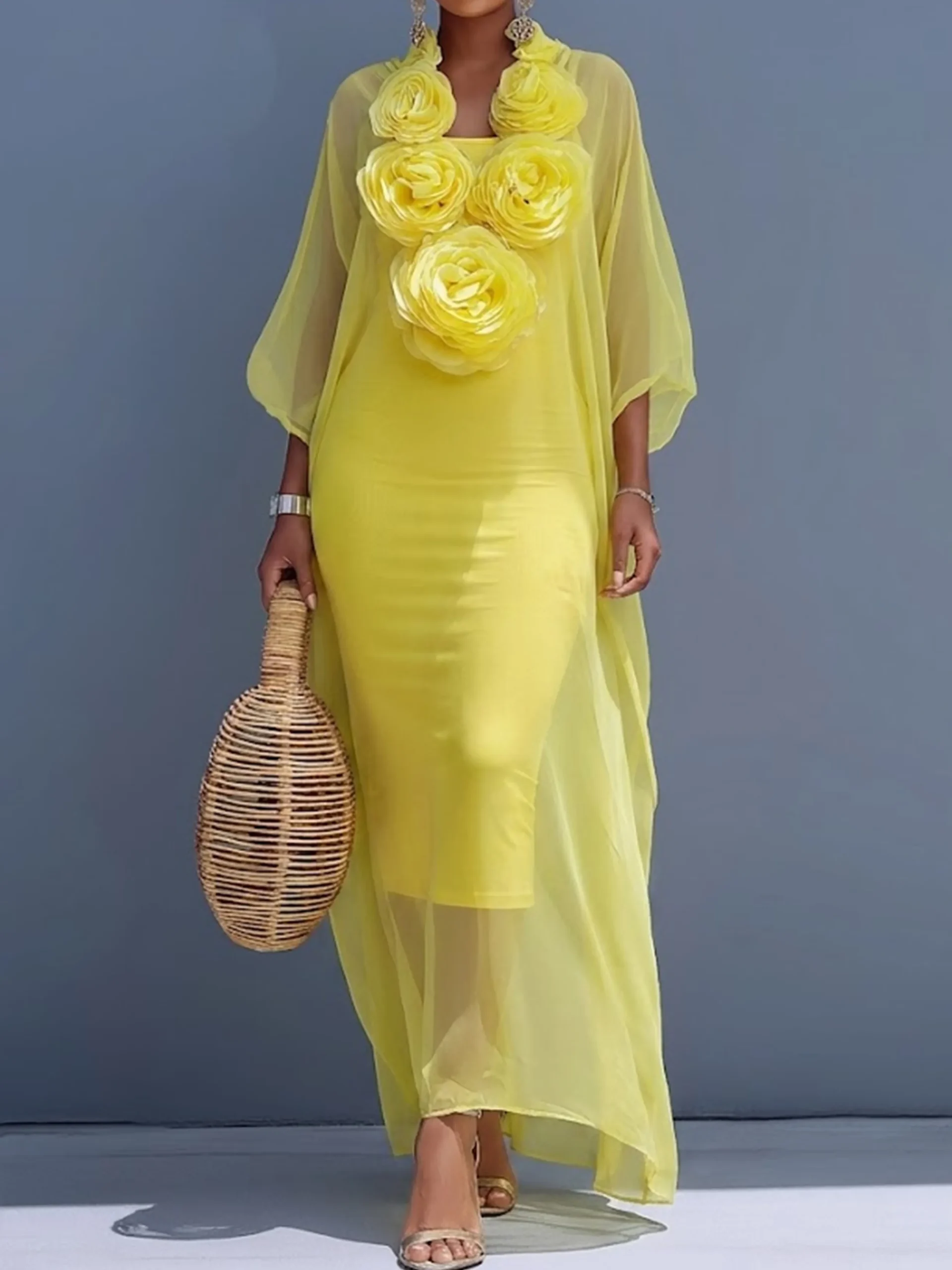 Elegant Plain 3D Floral V Neck Maxi Dress