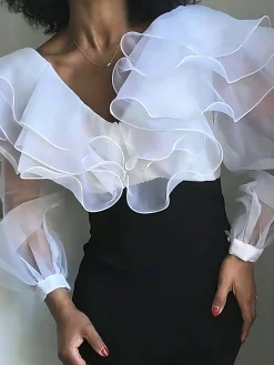 Elegant Plain Folds V Neck Blouse