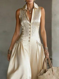 Elegant Plain Hot Drilling Shirt Collar Maxi Dress