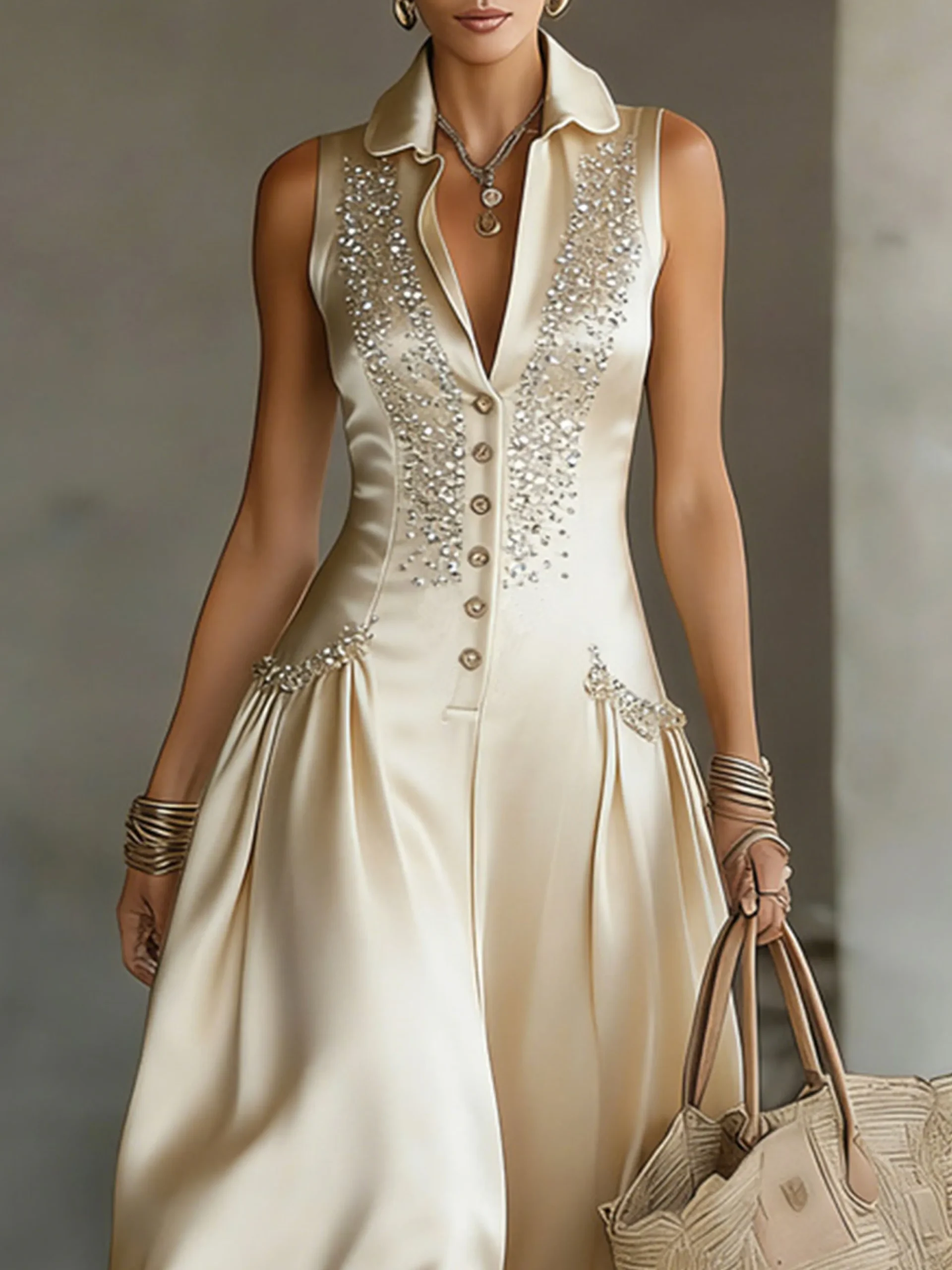 Elegant Plain Hot Drilling Shirt Collar Maxi Dress