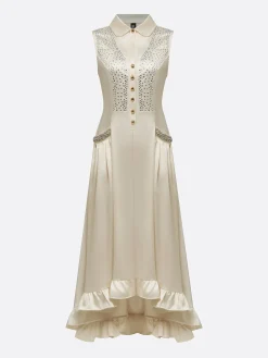 Elegant Plain Hot Drilling Shirt Collar Maxi Dress