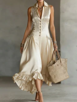 Elegant Plain Hot Drilling Shirt Collar Maxi Dress