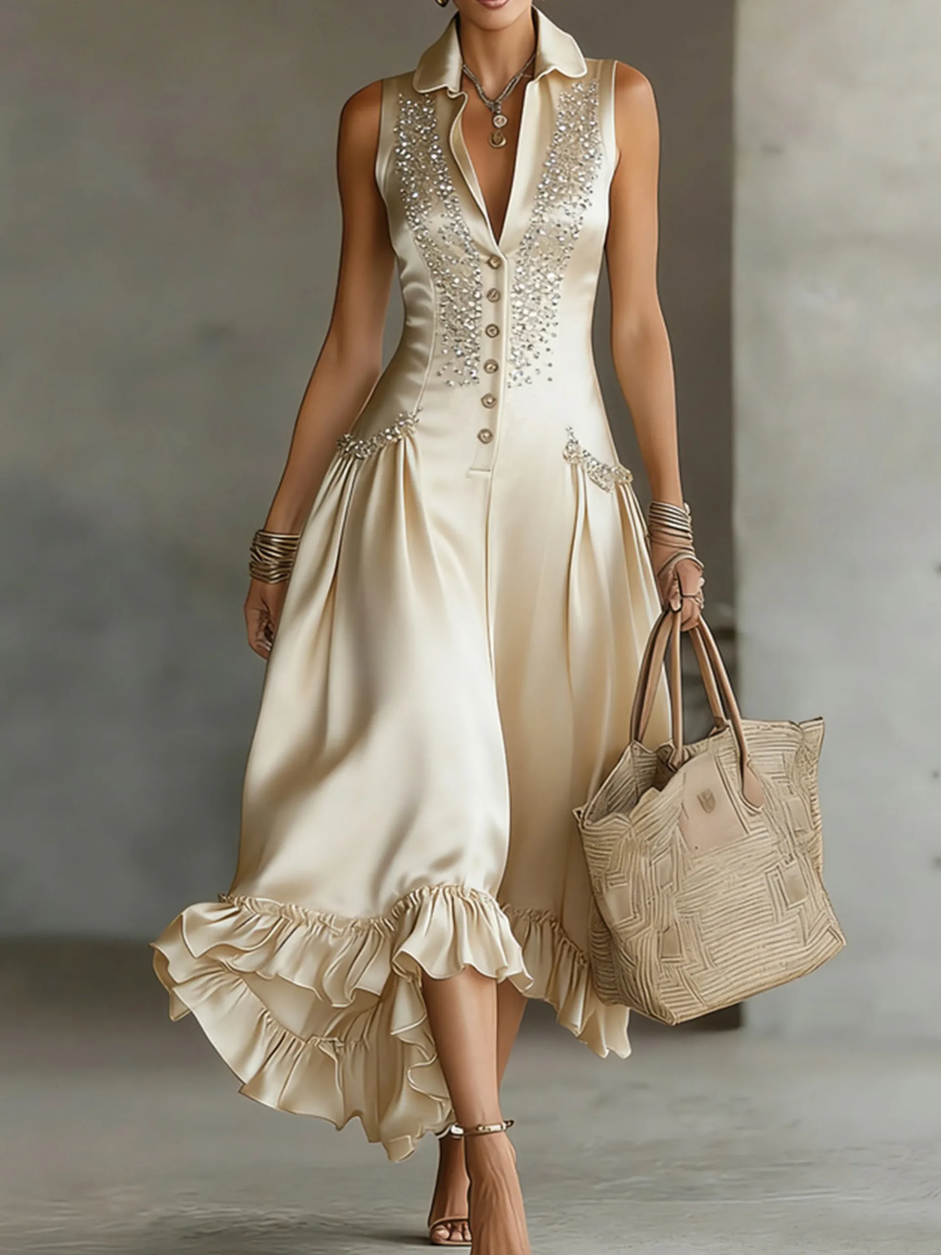 Elegant Plain Hot Drilling Shirt Collar Maxi Dress
