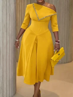 Elegant Plain Irregular Craftsmanship Asymmetrical Midi Dress