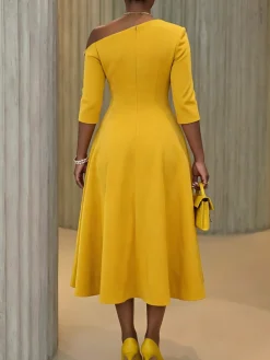 Elegant Plain Irregular Craftsmanship Asymmetrical Midi Dress