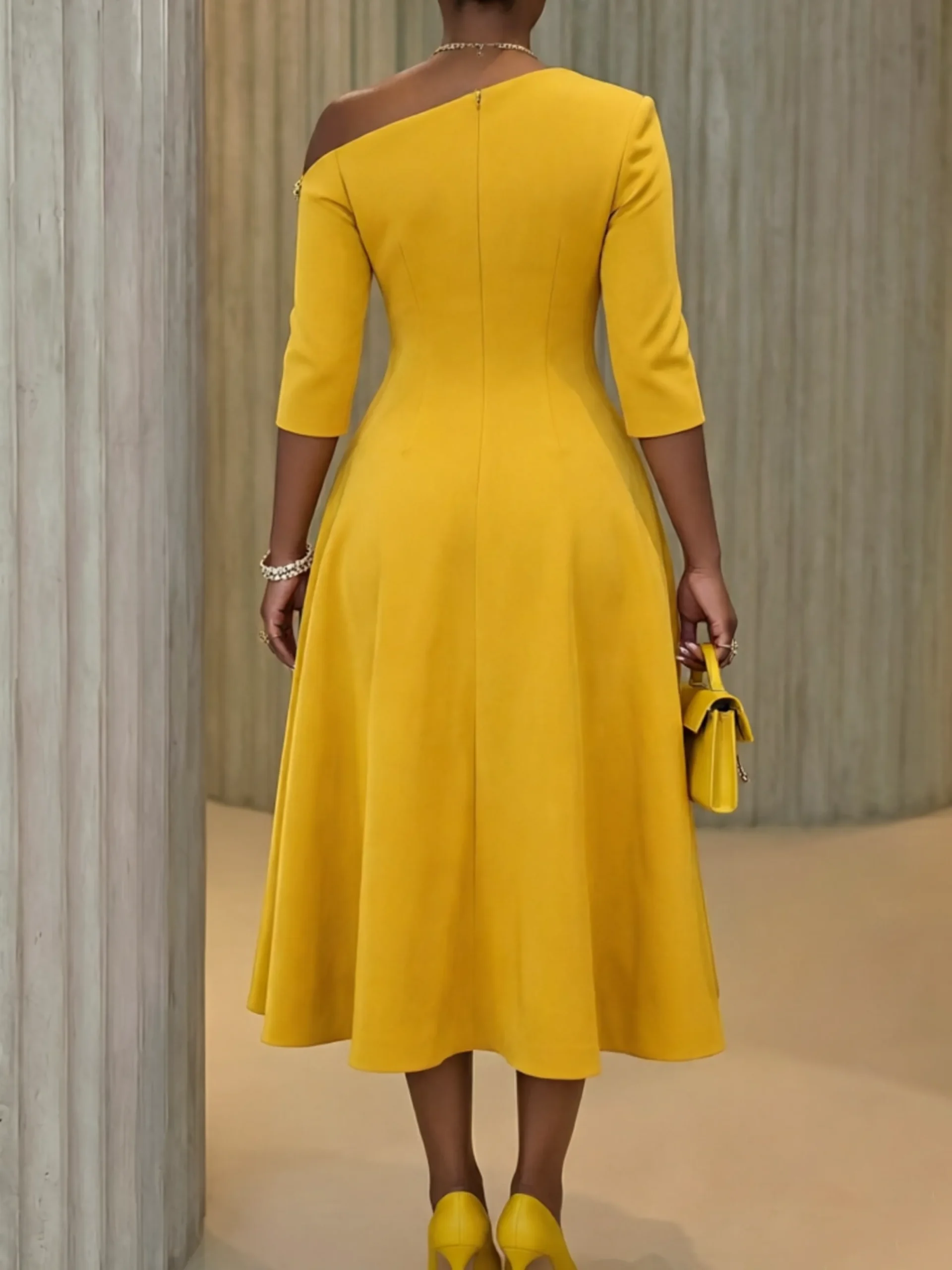 Elegant Plain Irregular Craftsmanship Asymmetrical Midi Dress