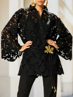 Elegant Plain Lace Blouse With Belt