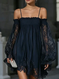 Elegant Plain Lace Spaghetti Mini Dress