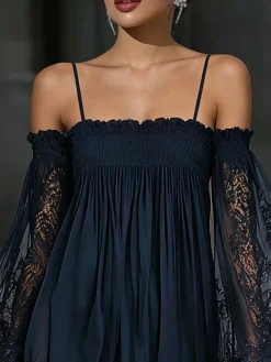 Elegant Plain Lace Spaghetti Mini Dress