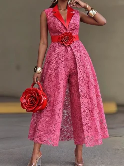 Elegant Plain Lapel Collar Vest With 3D Floral Belt