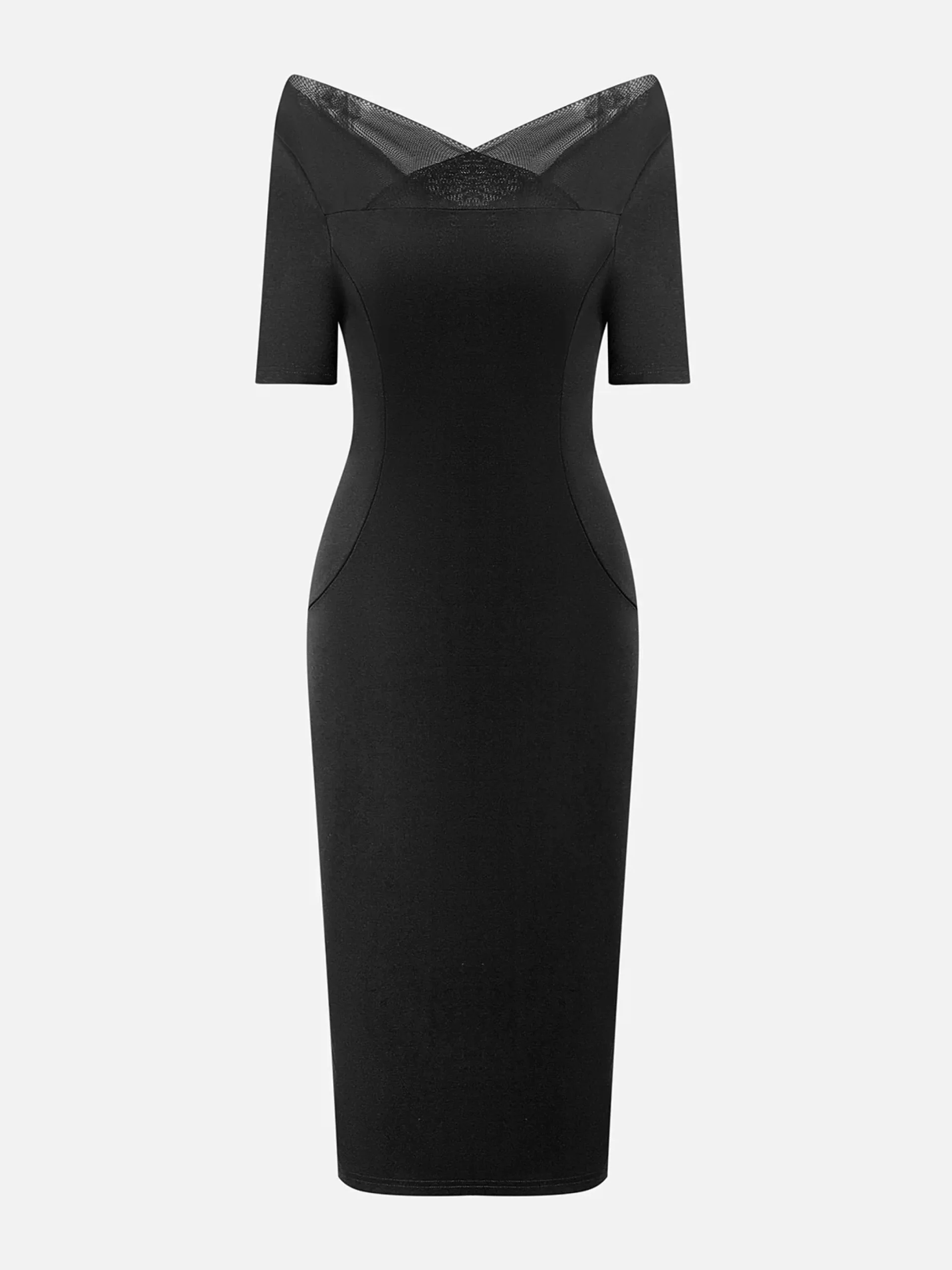 Elegant Plain Mesh Split Joint Cold Shoulder Knee Length Dress