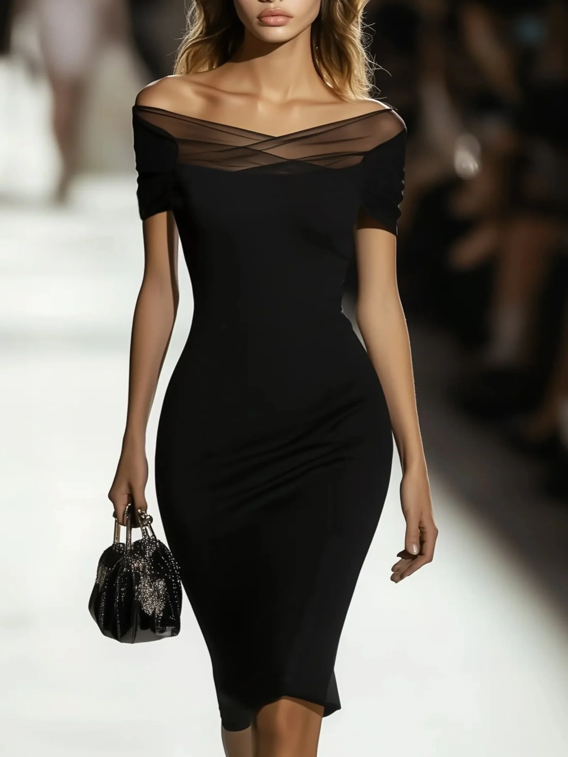Elegant Plain Mesh Split Joint Cold Shoulder Knee Length Dress