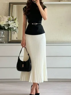 Elegant Plain Mock Neck Sweater With Belt