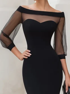 Elegant Plain Off The Shoulder Knee Length Dress