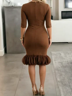 Elegant Plain Peplum Crew Neck Knee Length Dress