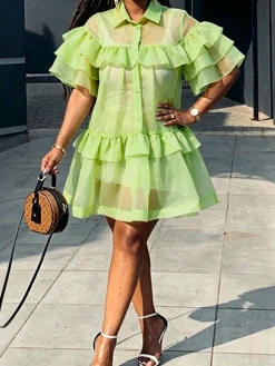 Elegant Plain Peplum Knee Length Dress With an Underlayer
