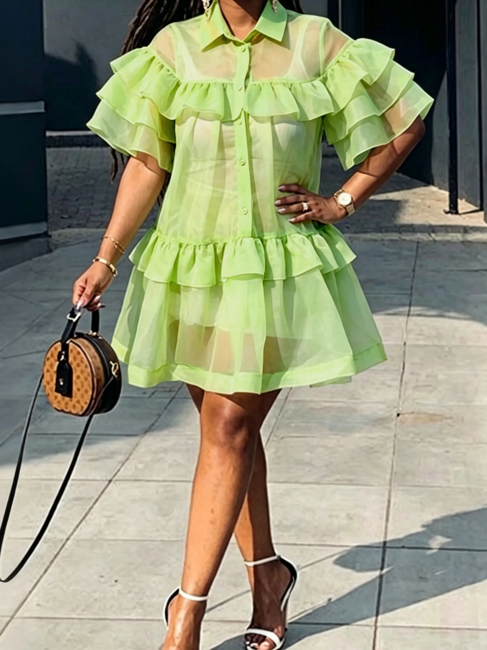 Elegant Plain Peplum Knee Length Dress With an Underlayer