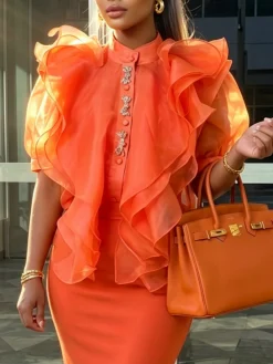 Elegant Plain Peplum Mock Neck Shirt