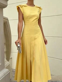 Elegant Plain Pleated Crew Neck Maxi Dress