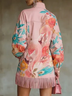 Elegant Plain Printing Stand Collar Mini Dress