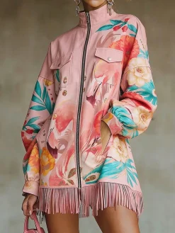 Elegant Plain Printing Stand Collar Mini Dress