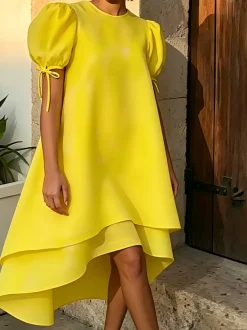 Elegant Plain Puff Sleeve Midi Dress