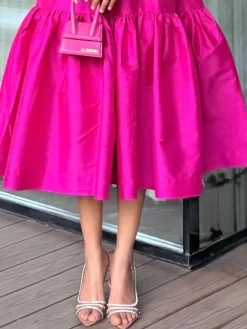 Elegant Plain Ruched Crew Neck Midi Dress No With Pearl Chocker
