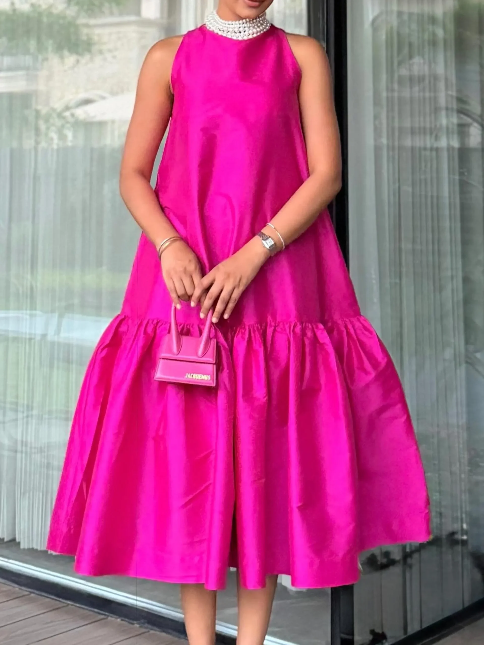 Elegant Plain Ruched Crew Neck Midi Dress No With Pearl Chocker