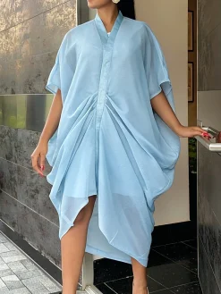 Elegant Plain Ruched V Neck Midi Dress
