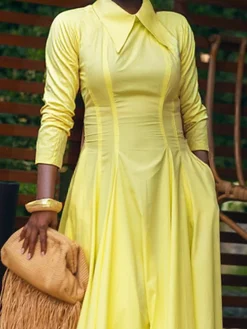 Elegant Plain Shirt Collar Three Quarter Sleeve Maxi Dress