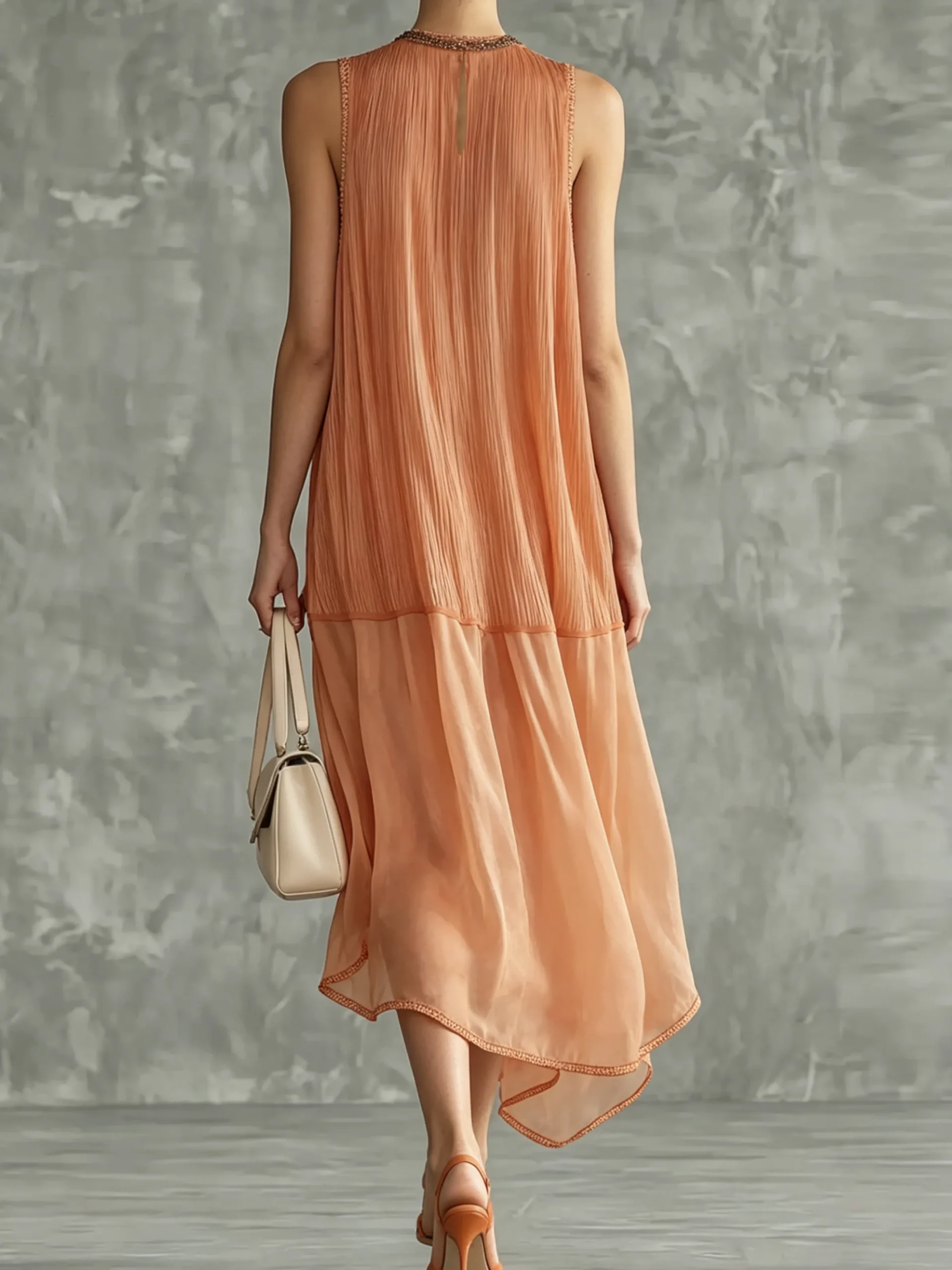 Elegant Plain Split Joint Crew Neck Midi Dress