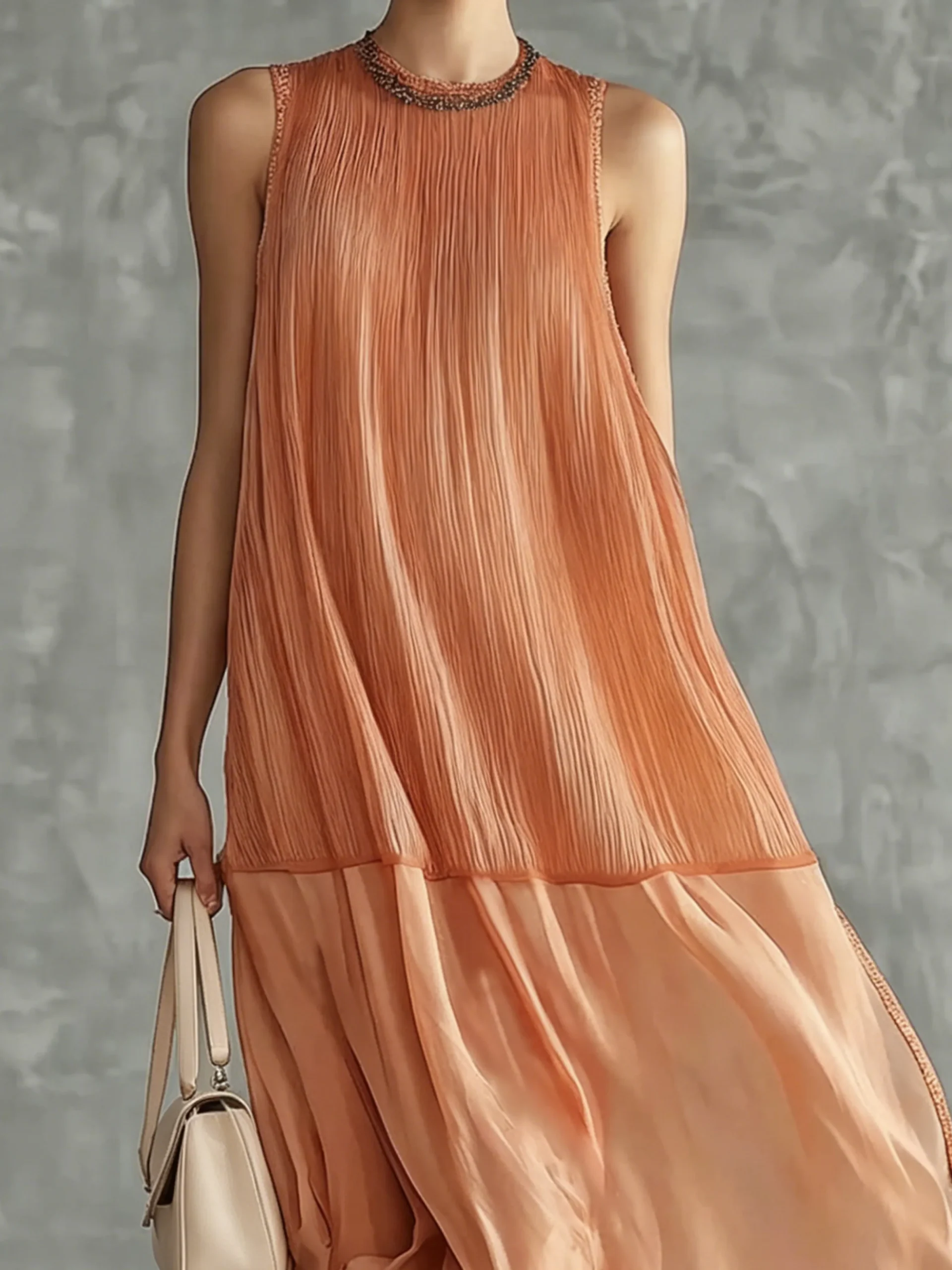 Elegant Plain Split Joint Crew Neck Midi Dress